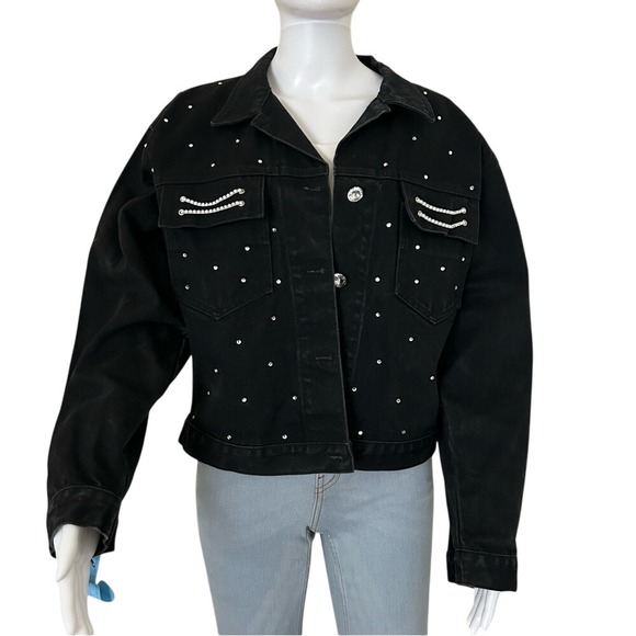DAVID DAVID black washed Denim Embellished Button up Jean jacket size M - Picture 1 of 14